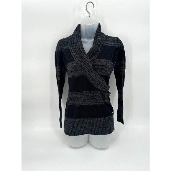 Guess Black Striped Shawl Collar Buckle Long Sweater Top Size S/P Y2K Preppy - Picture 7 of 7